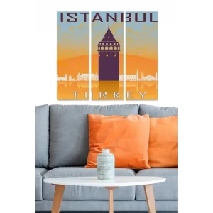 Sista chansen Canvastavla i trä 3-delar 50x70 cm - Silhuett av Istanbul med Galata-tornet i fokus Orange / Lila / Blå - Inredning