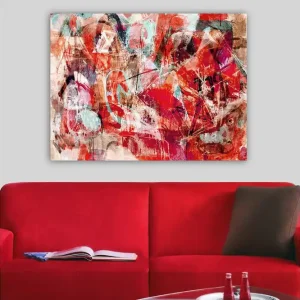 Kampanjpris Canvastavla 70x100 cm - Abstrakt komposition med dynamiska former i starka färger Röd / Turkos / Beige - Inredning