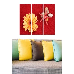 Canvastavla i trä 3-delar 50x70 cm - Färgglad komposition med en blomma och snäckor på röd bakgrund Röd / Gul / Beige - Inredning Köp online