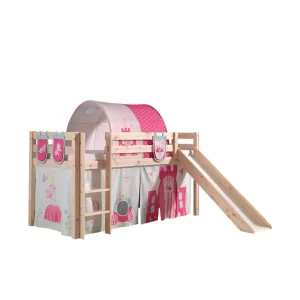 Halvhöjdssäng med gardin Pino Princess Naturlig, Naturlig, Med rutschkana, Prinsessa, 3 Naturlig, Naturlig, Med rutschkana, Prinsessa, 3 - Möbler Premium