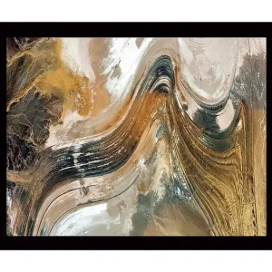Rea Inramad Canvastavla i trä - 41x56 cm - Abstrakt landskap med svepande linjer och jordnära toner Guld / Brunt / Svart - Inredning