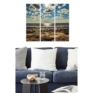 Canvastavla i trä 3-delar 50x70 cm - Havsutsikt med solreflexer och moln på himlen Blå / Beige / Grå - Inredning Beställ idag