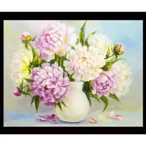 Inramad Canvastavla i trä - 41x56 cm - Färgrik bukett av pioner i en vas Ljusrosa / Vit / Gul - Inredning Billig