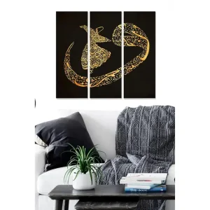 Canvastavla i trä 3-delar 50x70 cm - Abstrakt komposition med gyllene mönster på svart bakgrund Guld / Svart - Inredning Trygg betalning