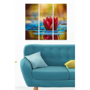 Billig Canvastavla i trä 3-delar 50x70 cm - Vacker vattenlilja som blommar på en spegelblanka yta Röd / Blå / Gul - Inredning