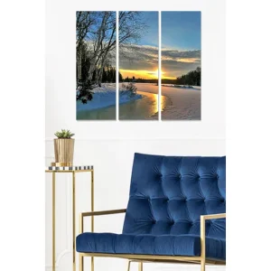 Canvastavla i trä 3-delar 50x70 cm - Vinterlandskap med solnedgång över en frusen flod Blå / Vit / Guld - Inredning Beställ idag