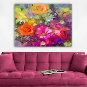 Canvastavla 70x100 cm - Färgglad bukett med rosor och andra blommor i olika nyanser Rosa / Orange / Lila - Inredning Populärt val