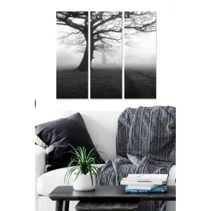 Canvastavla i trä 3-delar 50x70 cm - Stort, naket träd i dimmig landskapsscen Svart / Grå - Inredning I lager