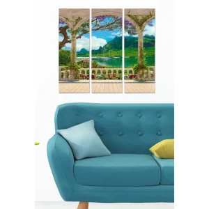 Canvastavla i trä 3-delar 50x70 cm - Vacker utsikt från en pergola med blommor och berg i bakgrunden Grön / Blå / Vit - Inredning Beställ nu