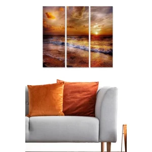 Begränsad tid Canvastavla i trä 3-delar 50x70 cm - Solnedgång över havet med reflektioner i vattnet Orange / Guld / Blå - Inredning