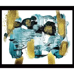 Inramad Canvastavla i trä - 41x56 cm - Abstrakt komposition med turkosa och gyllene inslag Turkos / Guld - Inredning Fynd
