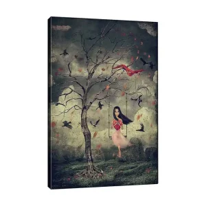 Reapris Canvastavla 70x100 cm - Flicka i en rosa klänning svänger från ett träd i en drömlik miljö med fåglar som svävar omkring henne Mörkgrön / Röd / Rosa - Inredning