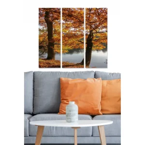 Canvastavla i trä 3-delar 50x70 cm - Vackra höstträd vid en spegelblanka sjö Orange / Brun / Grön - Inredning Billig