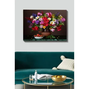 Canvastavla 70x100 cm - Vacker bukett med färgglada blommor i en keramikvas Röd / Lila / Grön - Inredning Kundfavorit