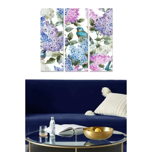 Canvastavla i trä 3-delar 50x70 cm - Färgglad komposition av syrener och fåglar Lila / Blå / Grön - Inredning Kampanjpris