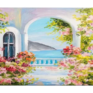 Begränsat erbjudande Canvastavla 70x100 cm - Vacker utsikt genom en båge med blommor i förgrunden och havet i bakgrunden Rosa / Blå / Grön - Inredning