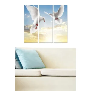 Canvastavla i trä 3-delar 50x70 cm - Två vita duvor i flykt mot en ljus himmel Vit / Blå / Gul - Inredning Fynd
