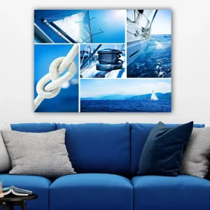 Canvastavla 70x100 cm - Sammansättning av maritima motiv med segelbåtar och rep i olika blå nyanser Blå / Vit - Inredning Billigare