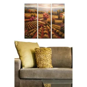 Reapris Canvastavla i trä 3-delar 50x70 cm - Vacker landskapsvy med vinfält och färgglada träd i höstskrud Guld / Röd / Grön - Inredning