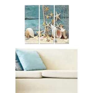 Canvastavla i trä 3-delar 50x70 cm - Havsmotiv med snäckor och sjöstjärnor på sandig bakgrund Turkos / Beige / Vit - Inredning Extra rabatt