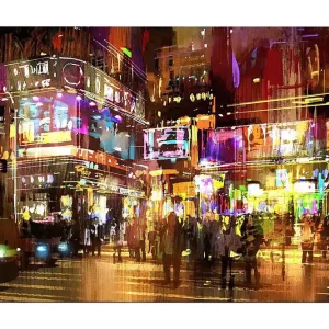 Canvastavla 70x100 cm - Livlig stadsbild med människor som rör sig bland färgglada neonskyltar och ljus Lila / Gul / Grön - Inredning risnedsättning