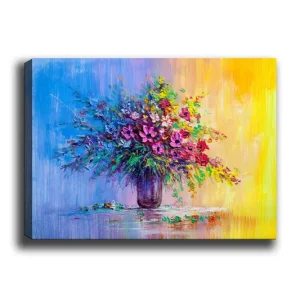 Canvastavla 70x100 cm - Färgglad bukett blommor i en vas Lila / Grön / Gul - Inredning Trygg betalning
