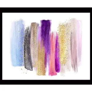 Inramad Canvastavla i trä - 41x56 cm - Färgglad abstrakt komposition med penseldrag och glittereffekter Ljusblå / Lila / Guld - Inredning Premium