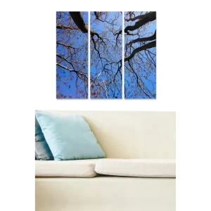 Canvastavla i trä 3-delar 50x70 cm - Vacker vy av trädtoppar mot en klarblå himmel Blå / Brun / Guld - Inredning Billig