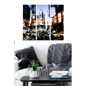 Premium Canvastavla i trä 3-delar 50x70 cm - Livlig stadsbild med gula taxibilar i en urban miljö Gult / Svart / Blått - Inredning