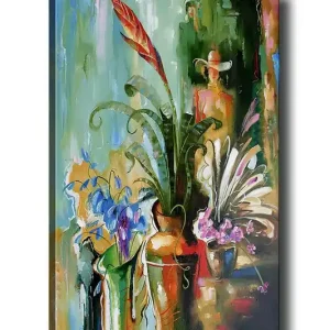 Canvastavla 70x100 cm - Färgstark stillhet med blommor och växter i vaser Grön / Röd / Lila - Inredning Köp nu