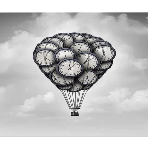 Beställ idag Canvastavla 70x100 cm - Luftballong formad av klockor som svävar i en drömlik himmel Grå / Svart / Vit - Inredning