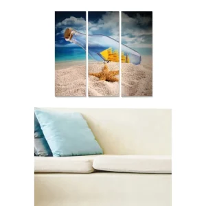 Canvastavla i trä 3-delar 50x70 cm - Flaska med ett segelfartyg på sandstrand Blå / Beige / Gul - Inredning Expressleverans