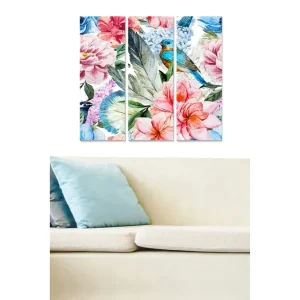 Canvastavla i trä 3-delar 50x70 cm - Färgrik bukett av blommor med en fågel i fokus Rosa / Blå / Grön - Inredning Rabatt
