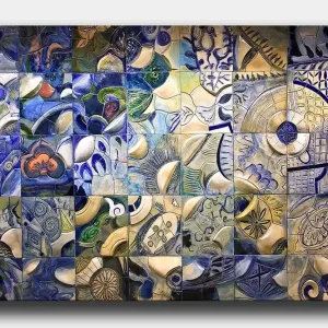 Canvastavla 70x100 cm - Mosaik av abstrakta former och mönster i blå och vita nyanser Blå / Vit / Beige - Inredning Fynd