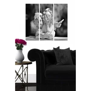 Canvastavla i trä 3-delar 50x70 cm - Skulptur av två änglar som sitter tillsammans och bläddrar i en bok Vit / Svart / Grå - Inredning Lägg i varukorgen