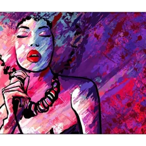 Sänkt pris Canvastavla 70x100 cm - Stiliserad kvinna med lockigt hår som sjunger med stängda ögon Lila / Rosa / Röd - Inredning