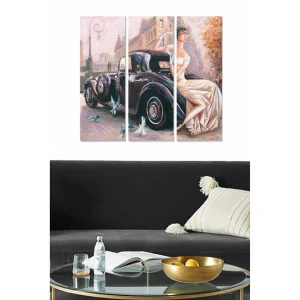 Canvastavla i trä 3-delar 50x70 cm - Elegant kvinna i vit klänning vid en klassisk bil Svart / Vit / Beige - Inredning Kampanj