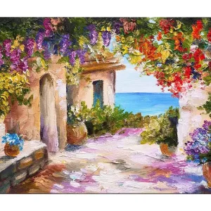 Nedsatt pris Canvastavla 70x100 cm - Färgglad och livlig gränd med blommor och havsutsikt Lila / Grön / Röd - Inredning
