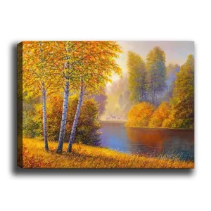Endast denna vecka Canvastavla 70x100 cm - Vacker höstlandskap med björkar vid en stilla sjö Guldorange / Grön / Blå - Inredning