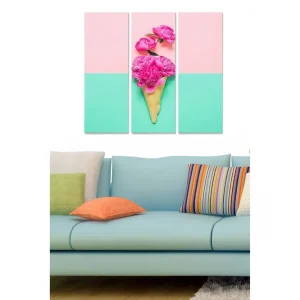 Snabb frakt Canvastavla i trä 3-delar 50x70 cm - Blommor i en glasskon med pastellfärgad bakgrund Rosa / Mintgrön - Inredning