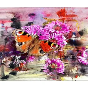 Canvastavla 70x100 cm - Färgglad fjäril som sitter på blommor i en abstrakt komposition Orange / Rosa / Brun - Inredning Endast idag