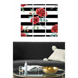 Canvastavla i trä 3-delar 50x70 cm - Röda rosor mot svart-vita ränder Röd / Grön / Svart - Inredning Populärt val
