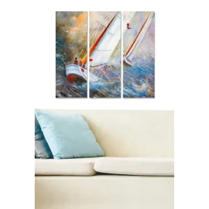 Canvastavla i trä 3-delar 50x70 cm - Segelbåt som navigerar genom stormiga vatten Blå / Vit / Orange - Inredning Beställ idag