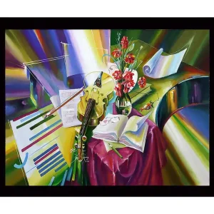 Inramad Canvastavla i trä - 41x56 cm - Färgrik stillhet med instrument och blommor Grön / Röd / Gul - Inredning Nedsatt pris