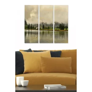 Canvastavla i trä 3-delar 50x70 cm - Stillhet vid sjön med reflekterande vattenytor och omgivande träd Grön / Beige / Grå - Inredning Köp nu