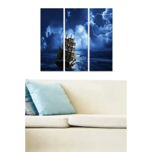 I lager Canvastavla i trä 3-delar 50x70 cm - Skepp som navigerar genom en stormig havsmiljö Mörkblå / Ljusblå / Vit - Inredning