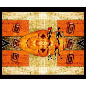 Inramad Canvastavla i trä - 41x56 cm - Abstrakt scen med stiliserade figurer som bär vattenkrukor Orange / Svart / Beige - Inredning Lägg i varukorgen