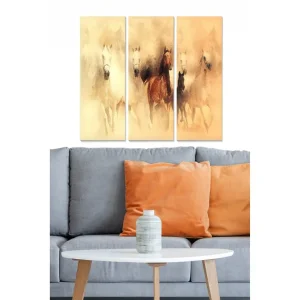 Canvastavla i trä 3-delar 50x70 cm - Hästar i rörelse i mjuka, jordnära toner Ljusbeige / Brun / Vit - Inredning Fynd