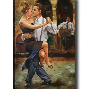 Canvastavla 70x100 cm - Passionerad tango mellan ett par i elegant klädsel Svart / Beige / Mörkblå - Inredning Erbjudande