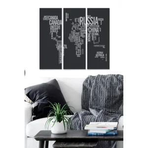 Canvastavla i trä 3-delar 50x70 cm - Världskarta i typografisk stil med länder i olika storlekar Svart / Vit - Inredning Fynd